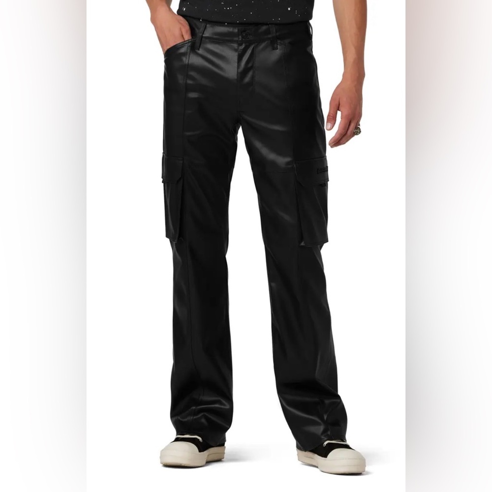 Men's Hudson Faux Leather Black Walker Kick Flare Cargo Pants New Size 30